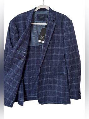 7 Diamonds Performance Navy Windowpane Sport Coat Blazer Suit Jacket L